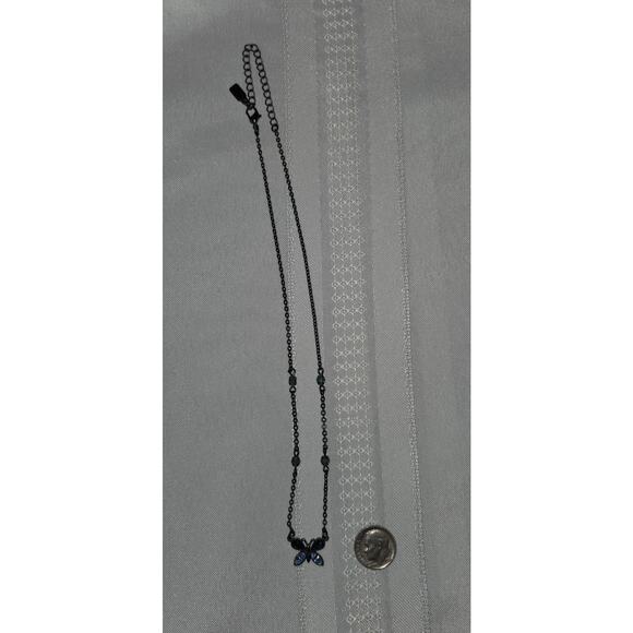 1928 Black and Blue Butterfly Gem Necklace Gunmetal Victorian Revival Goth 18" - Picture 6 of 12